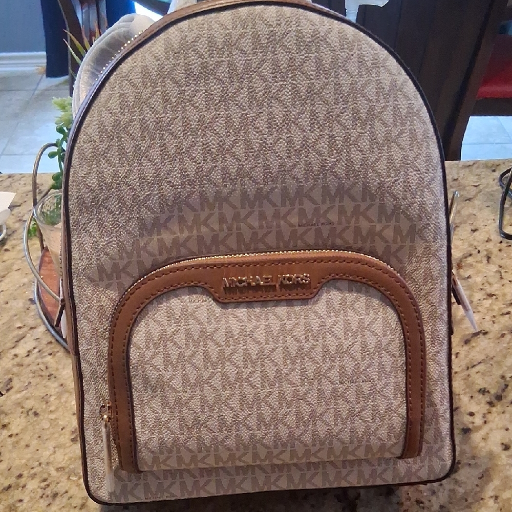 Michael Kors Cream and Brown Backpack with Monogram Print NWT